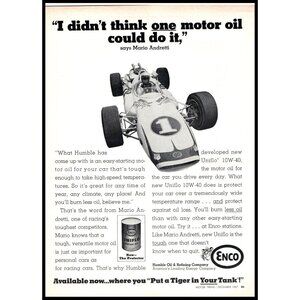 1967 Enco Uniflo Motor Oil Vintage Print Ad Mario Andretti Indy Car Wall Art